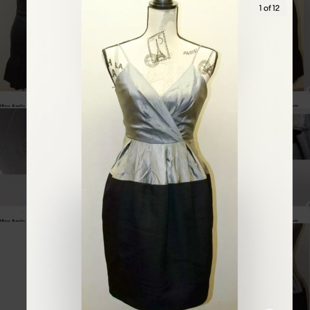 BCBG Max Azria Cocktail Dress Gray Black Balloon Spaghetti Strap 0